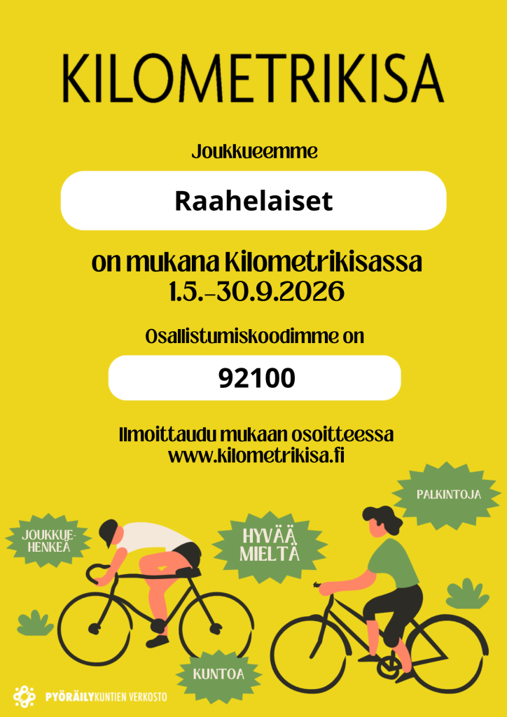 Keltainen kuva, jossa pyöräilijöitä ja ohjeet pyöräilyn kilometrikisaan. 