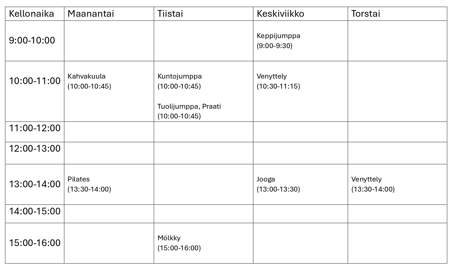 Kesän pihajumppien lukujärjestys.