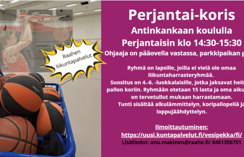 Kuvassa on koripalloja ja kerronta kerhon sisällöstä.