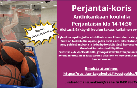 Kuvassa on koripalloja ja kerronta kerhon sisällöstä.
