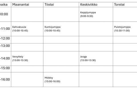 Elokuun maksuttomien pihajumppien lukujärjestys.